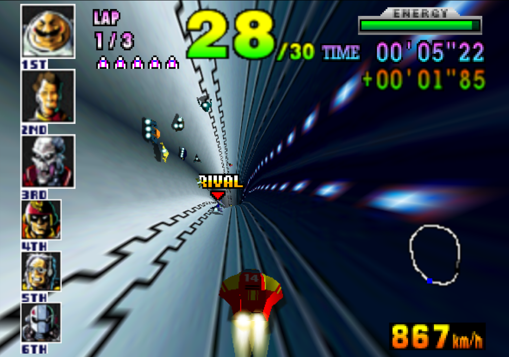 The player approaches their rival racer inside of a tube.