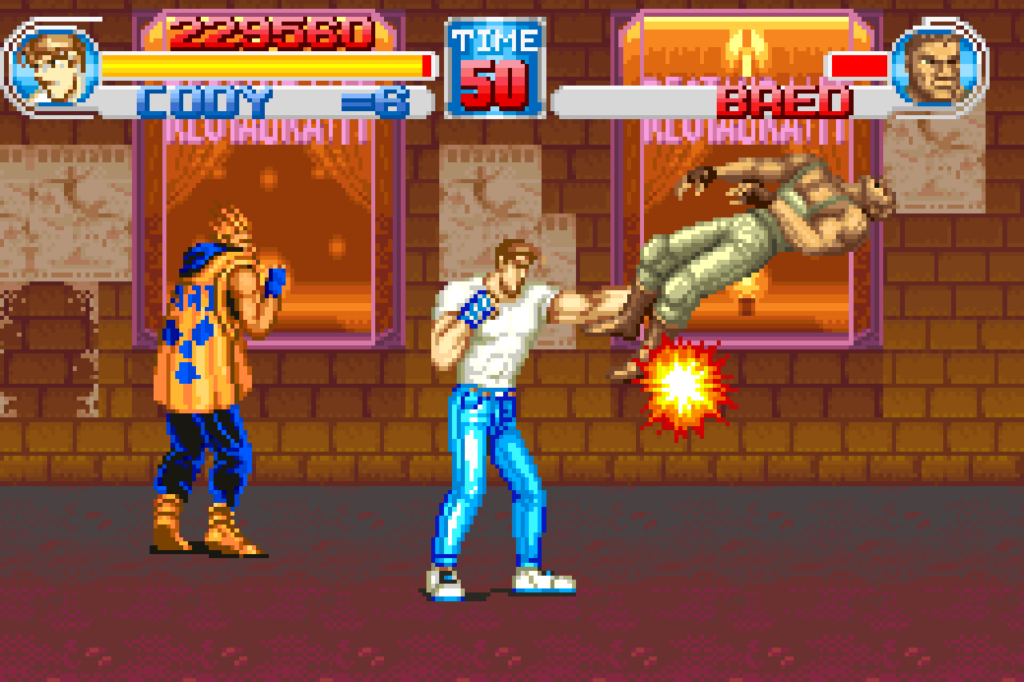 Cody punches two enemies in a stage at dusk.