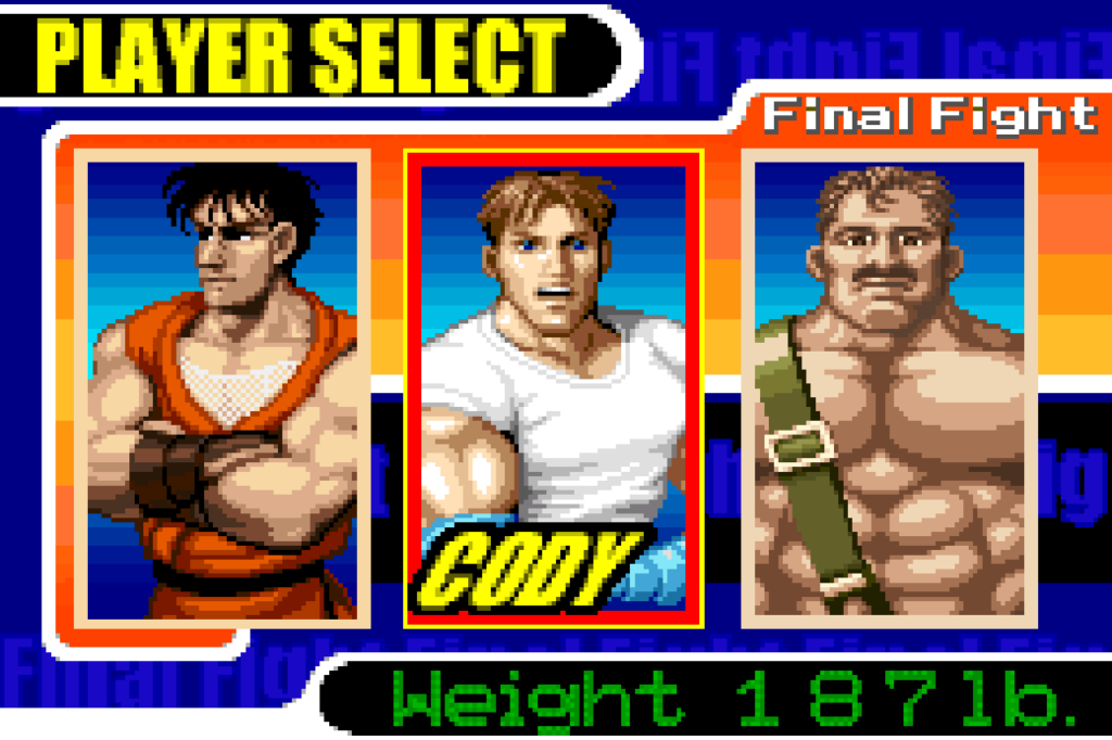 The character select screen in Final Fight One.