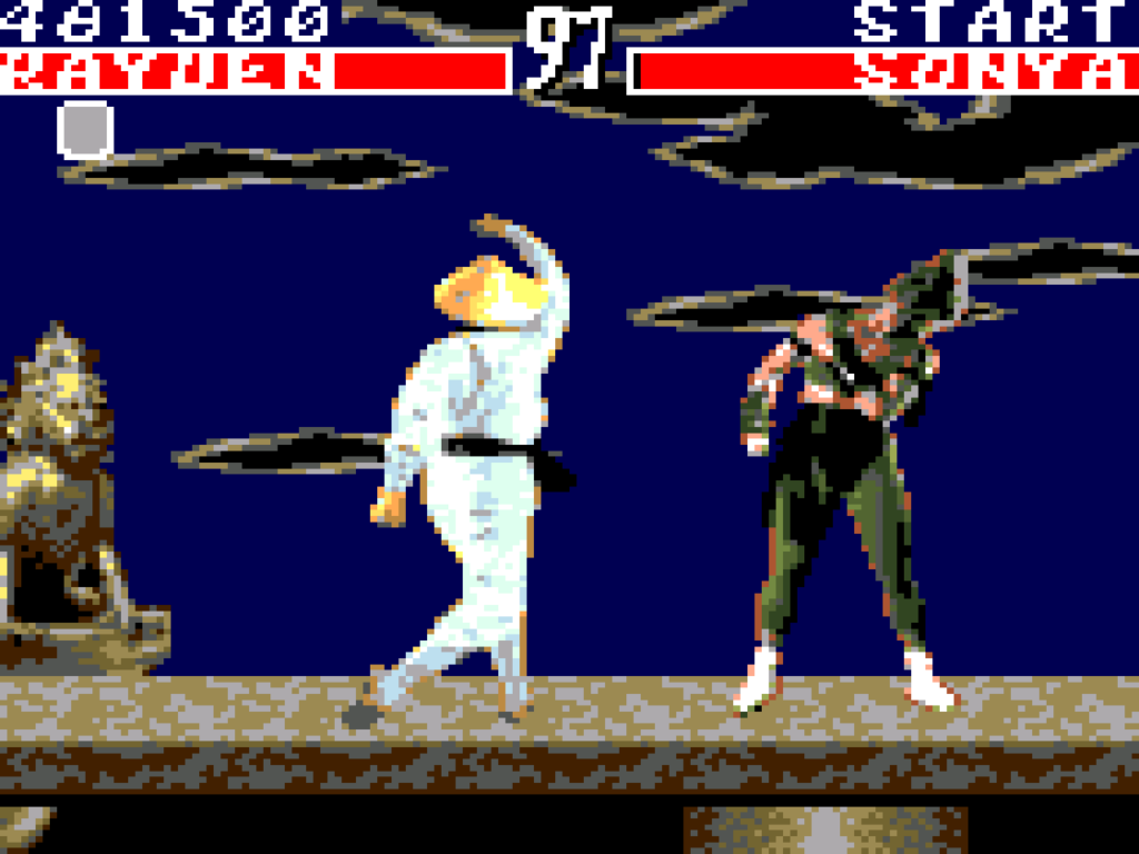Rayden uppercuts Sonya Blade in the Pit stage.
