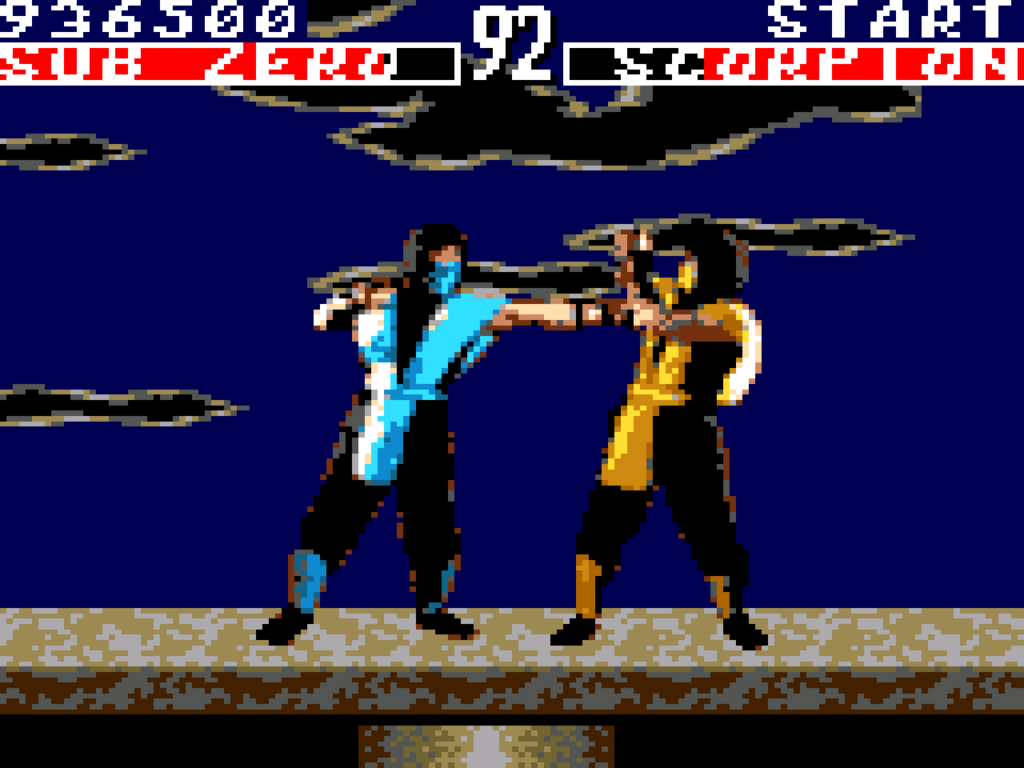Scorpion blocks Sub-Zero's punches in the Pit stage.