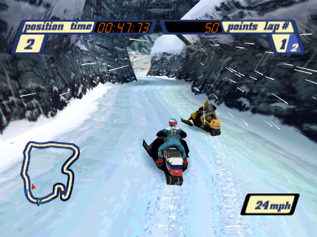 The player approaches an enemy racer in a mountain based arena.