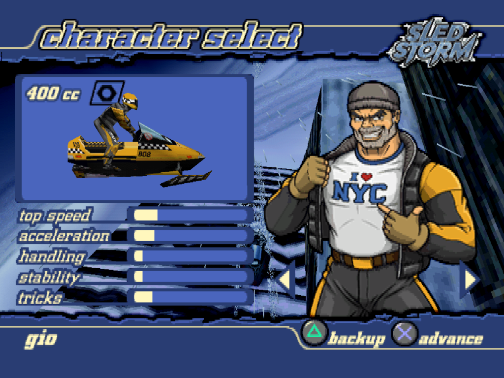 The character select screen in Sled Storm.