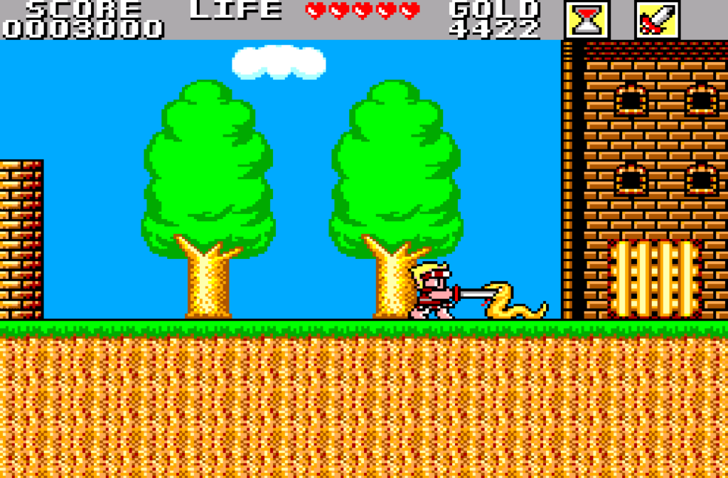 Tom-tom fights off a snake enemy using a sword.