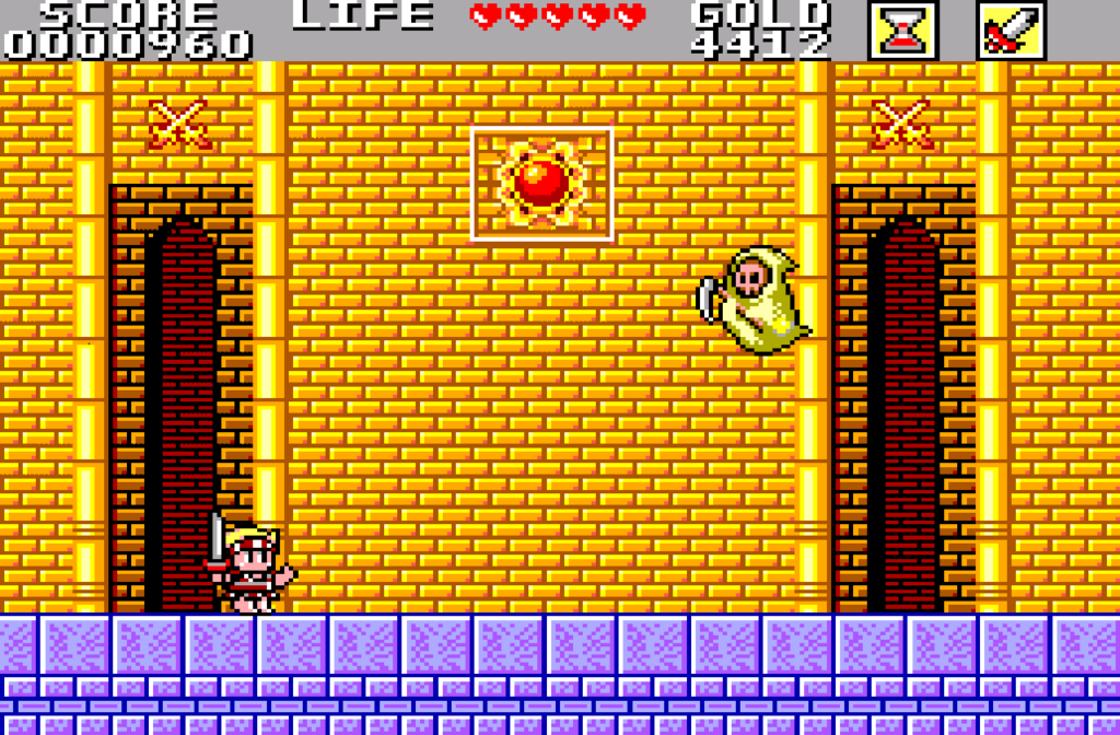 Battling against a grim reaper boss inside a castle with golden walls.