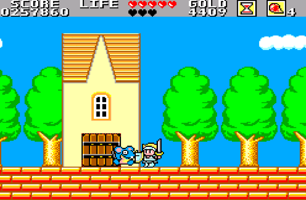 The main character battles an enemy within a town zone.