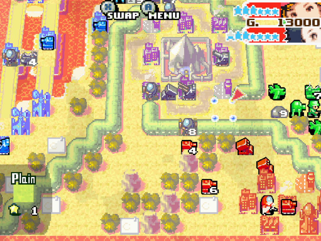 A battle map with four different armies and an enemy headquarters in the middle.