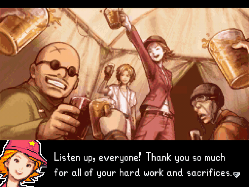 A story scene depicting the main cast celebrating a victory.