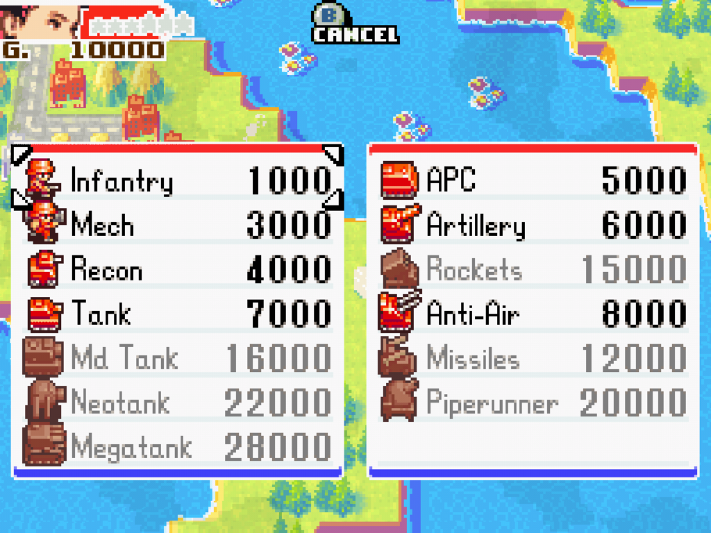 The troop inventory list for ground units showing the prices for each.
