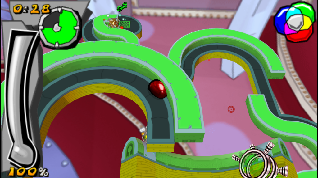 A red blob of mercury rolls on a green curve shaped platform.