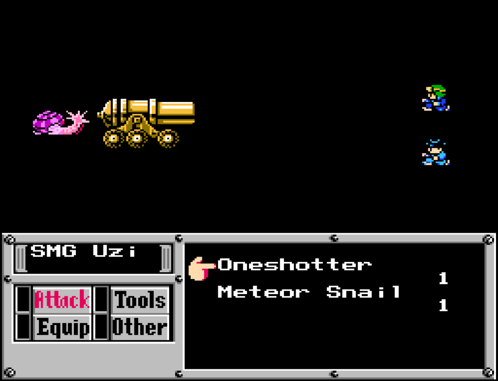 A battle with two protagonists versus a slug and a rolling cannon.