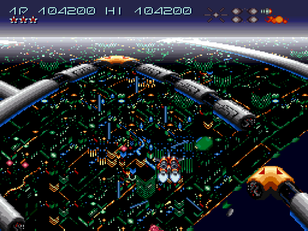 A night sequence in the sky above the glowing lights of a futuristic city.