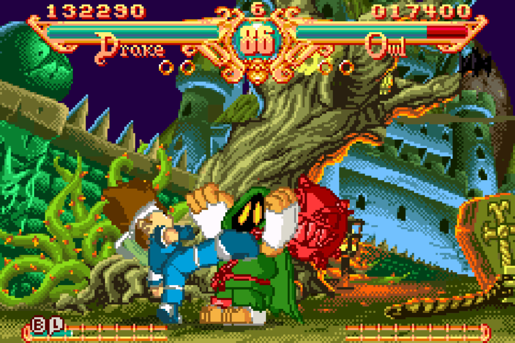 Two characters fight with a haunted house in the background.