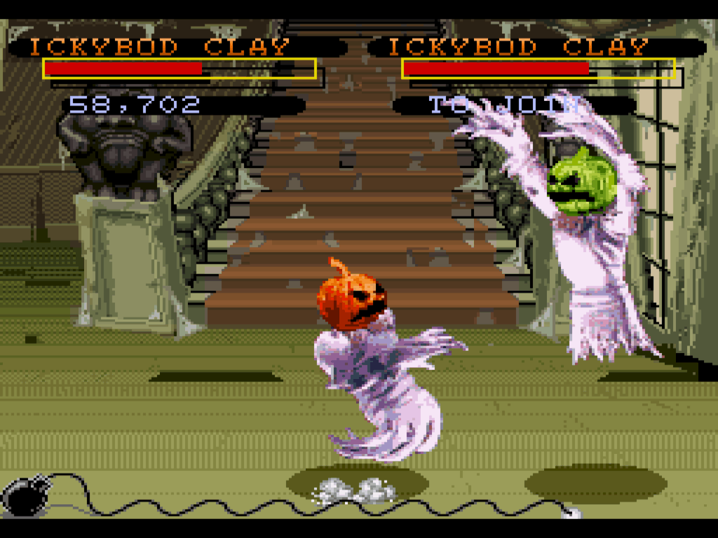 Two version of Ickybod Clay fight in the halloween themed arena.