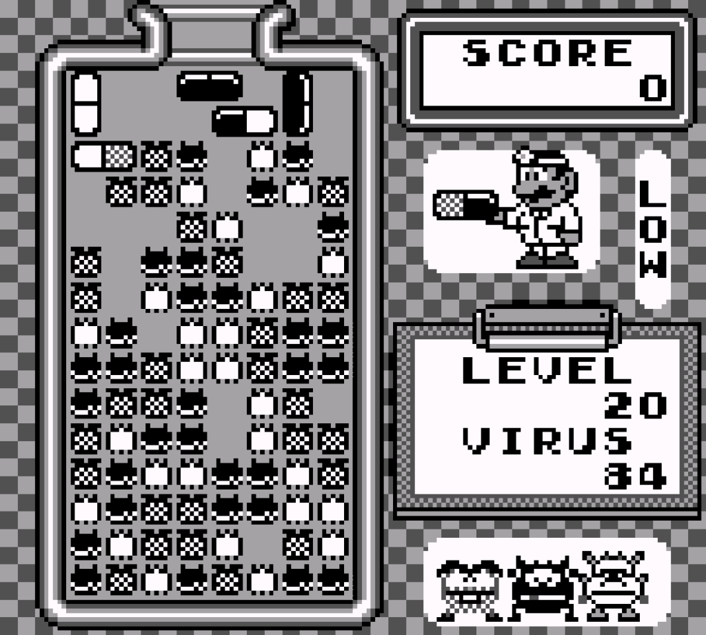 One of the later stages in Dr. Mario featuring a screen full of viruses.