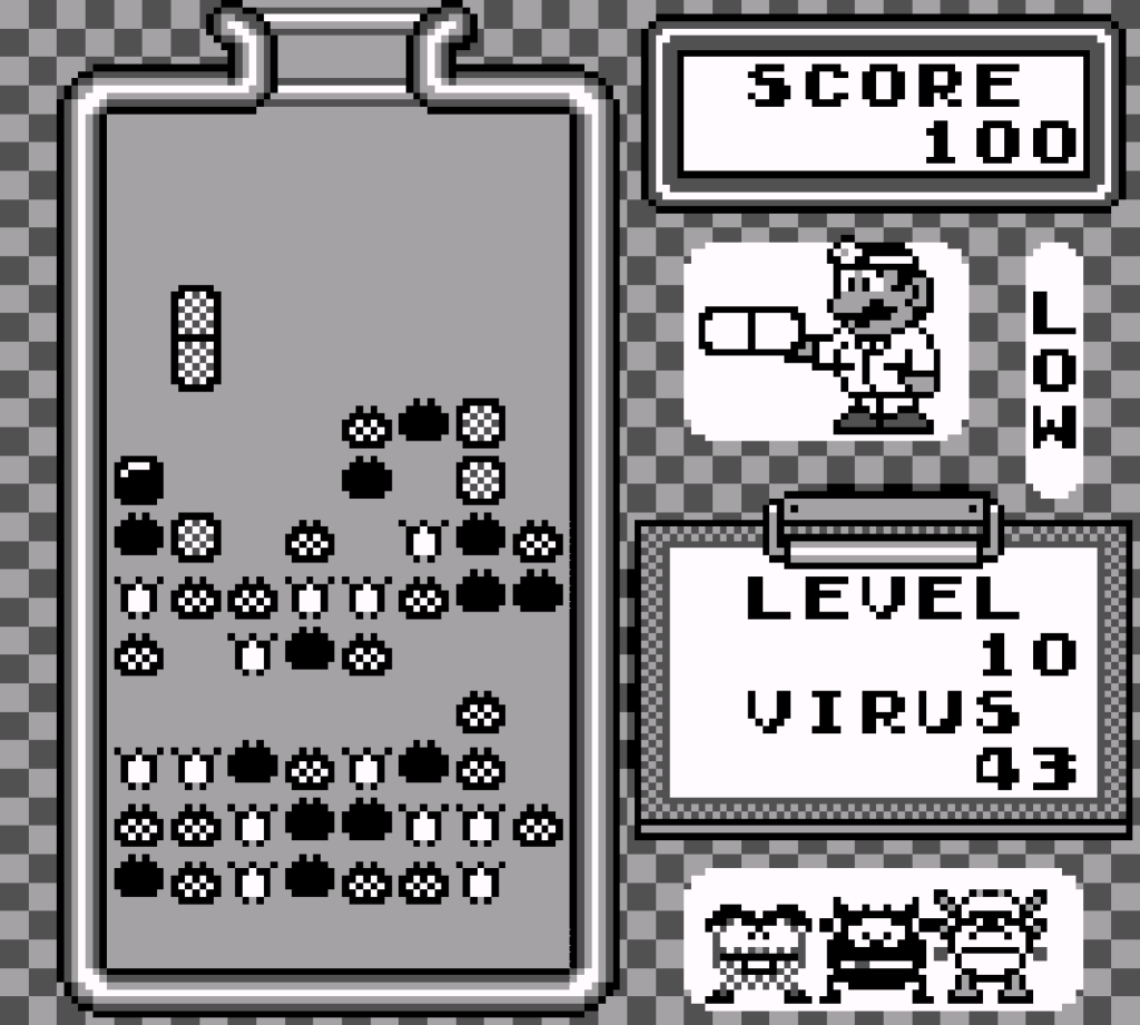 A dithered pill drops from the top into the play area.