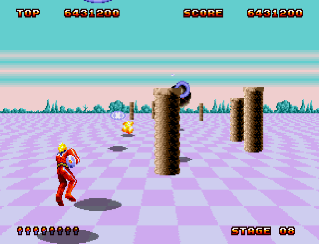The main character dodges indestructible pillars while firing at enemies.