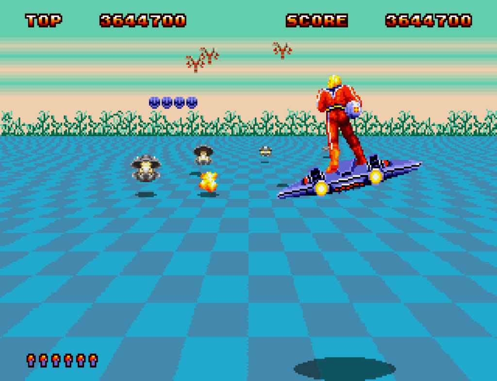 Harrier rides on a hoverboard during a bonus stage.