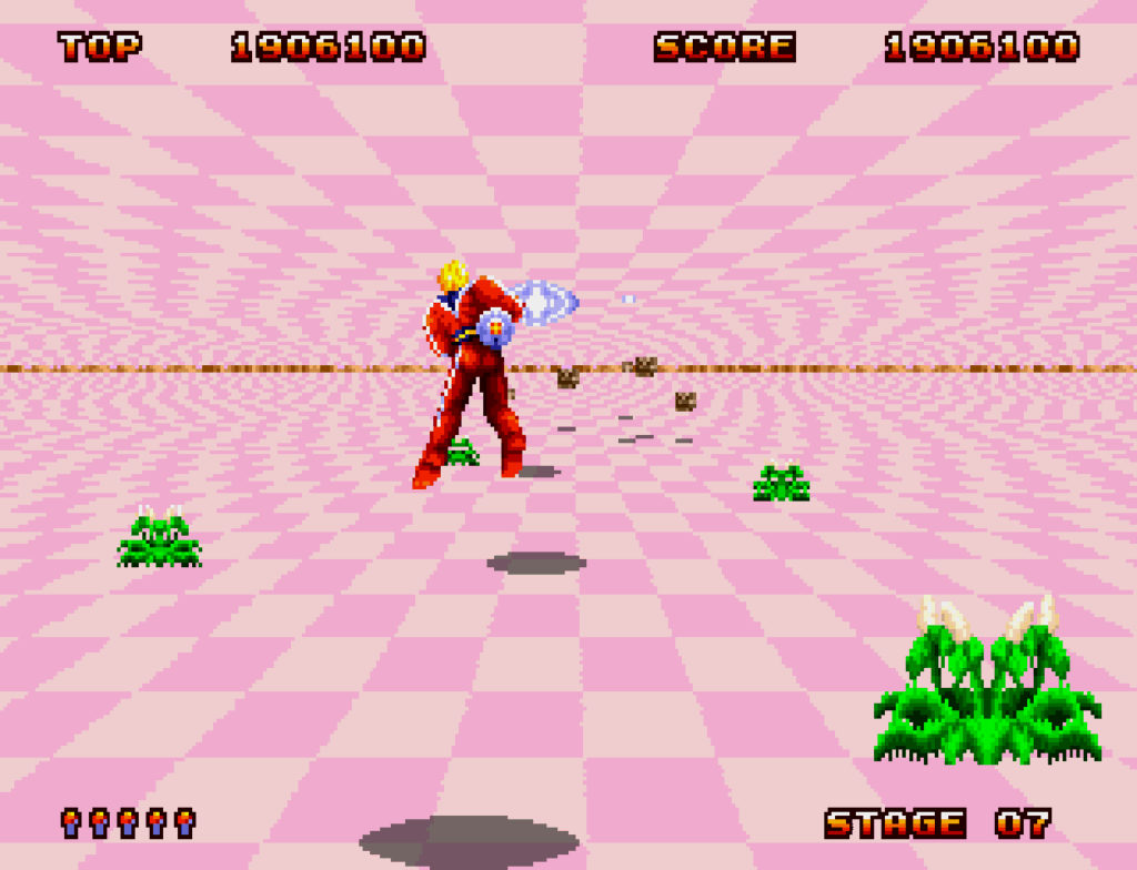 The main character flies through a pink colored tunnel area.
