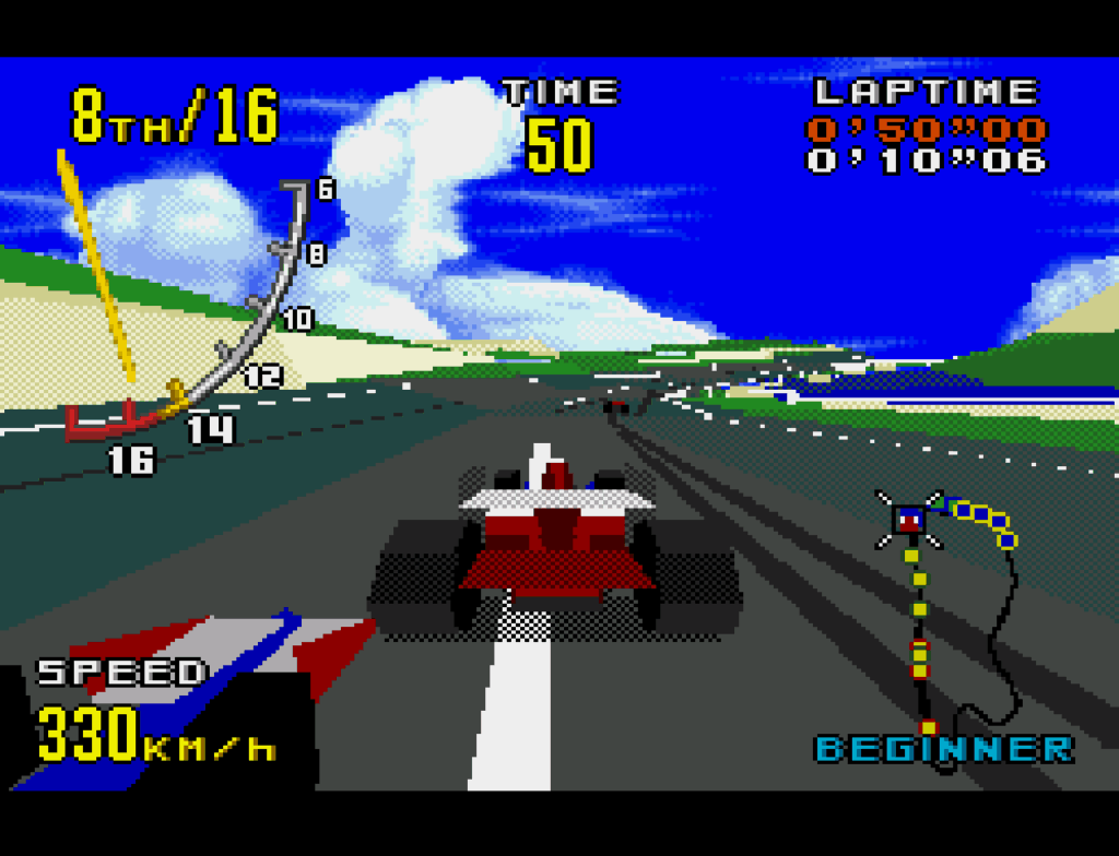 The player races across a desert style landscape with another car approaching from the rear..