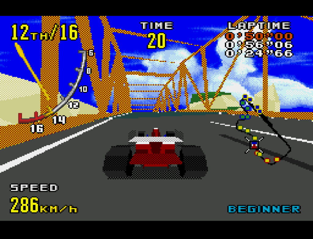 The player's car drives over a 3D rendered bridge.