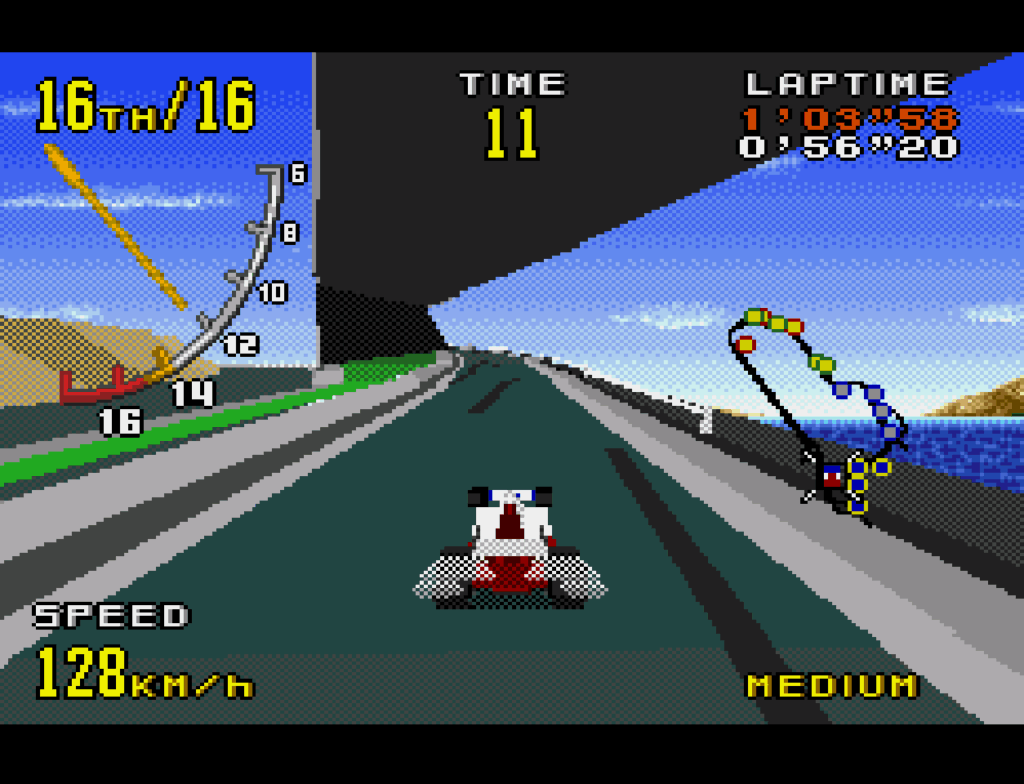 The car moves over a portion of track with an overpass overhead and a zoomed out camera angle.