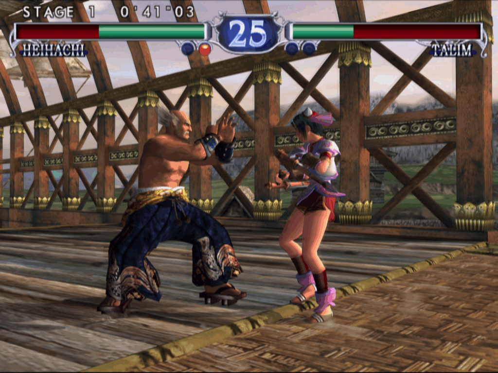 Heihachi takes a blocking stance against Talim.