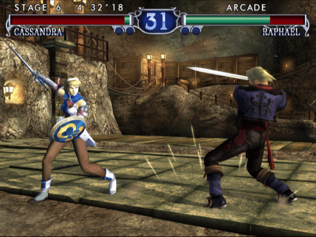 Cassandra clashes swords against an opponent.