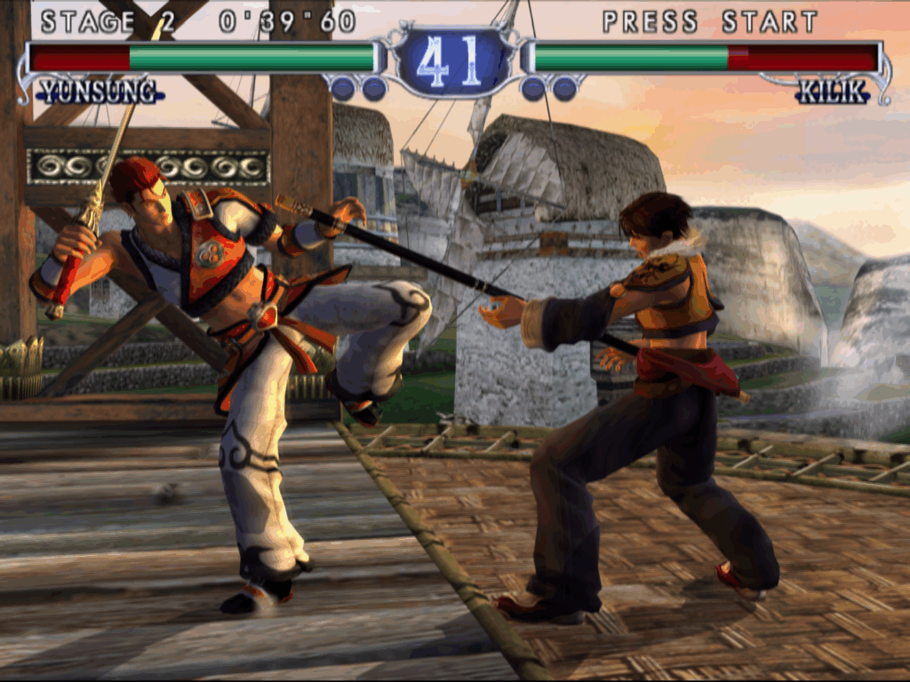 Yunsung launches a kick against Kilik.