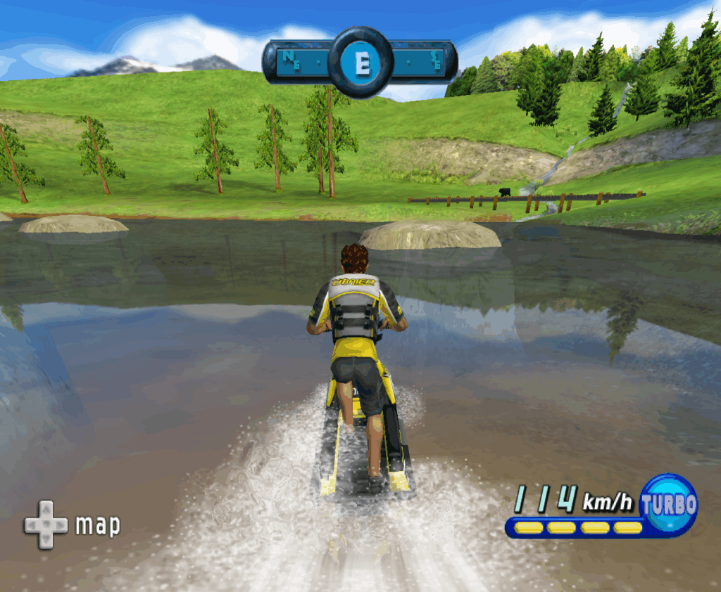 The player races during the daytime on the Aspen Lake course.