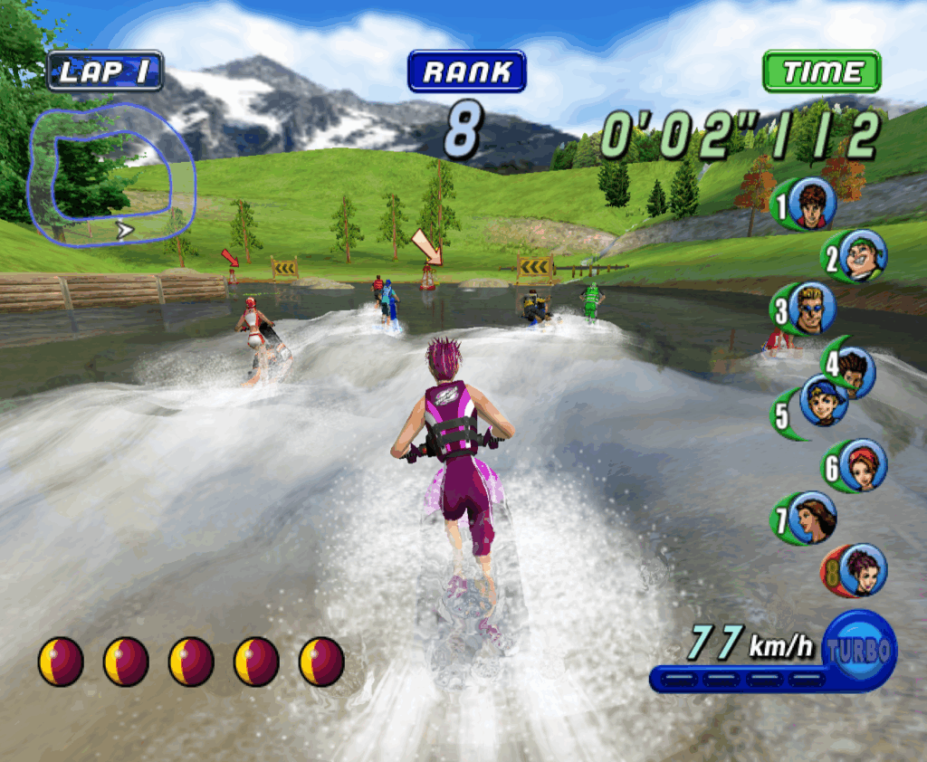 The player approaches other characters in the water during a daytime stage.