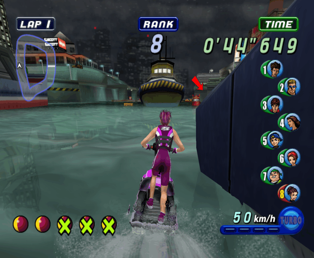Racing the water during a nighttime scene with a city in the background.
