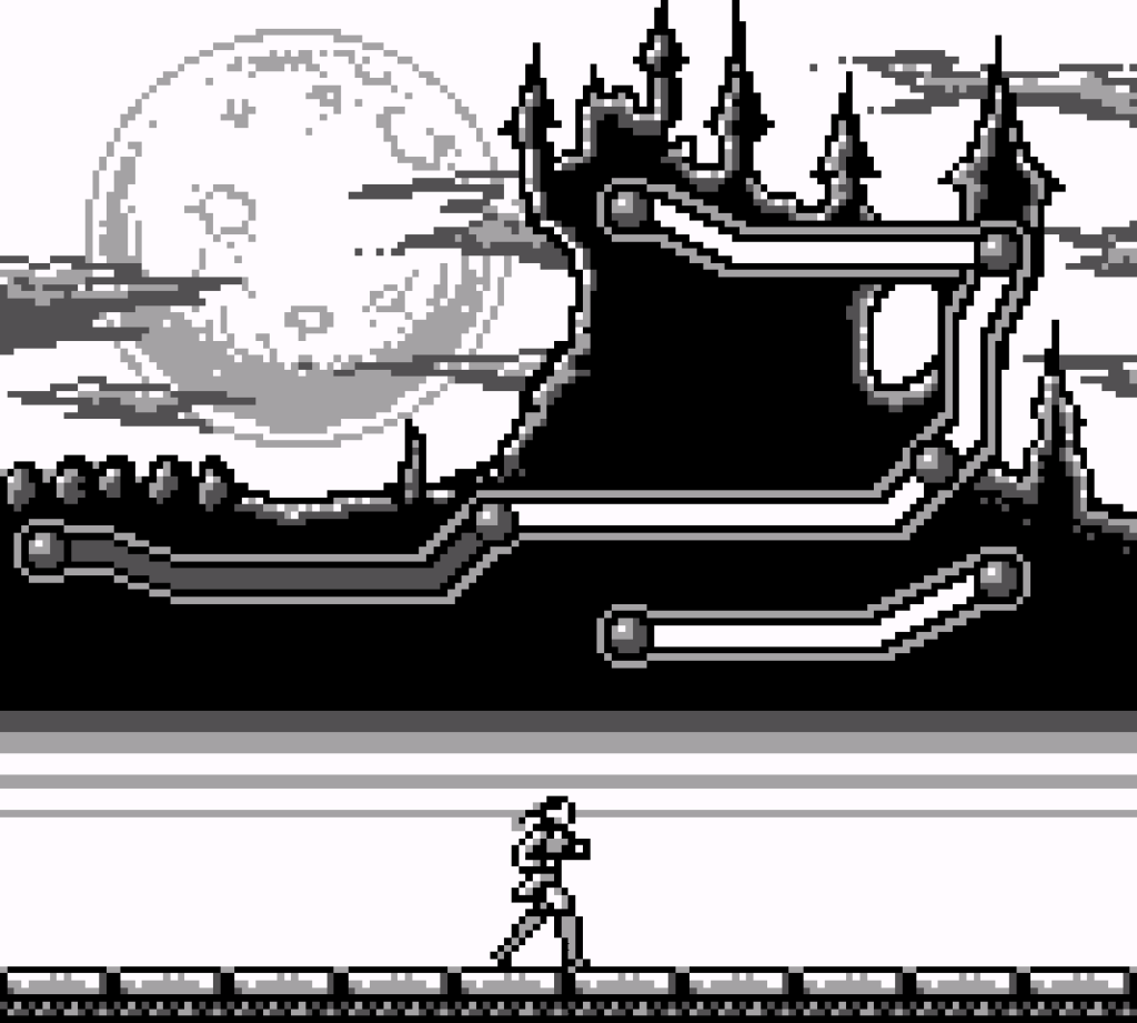 The stage progression sequence showing a full moon in the background and Dracula's castle.