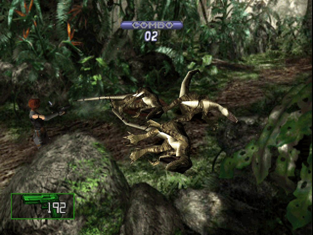 Regina lays waste to some velociraptors in the jungle.