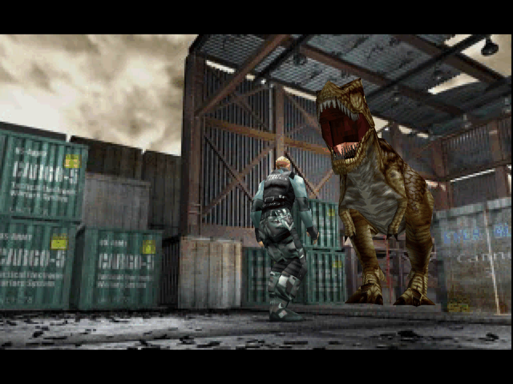 Dylan is approached by a menacing looking T-Rex near a storage facility.