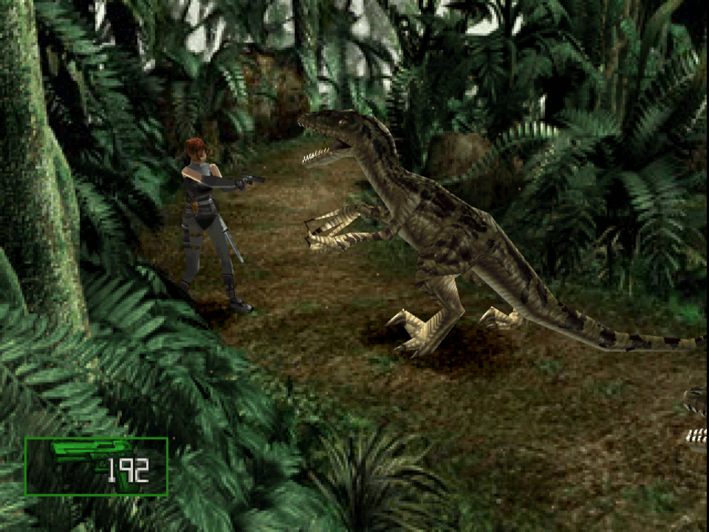 Regina faces a lone velociraptor on a path in a jungle setting.