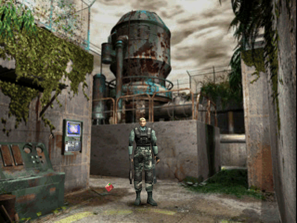 Dylan stands in an outdoor military facility with a computer terminal nearby.