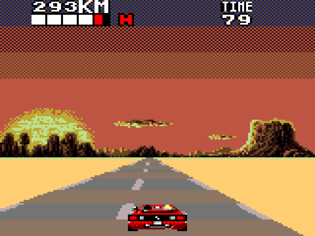 A red car drives through the desert toward the sunset.
