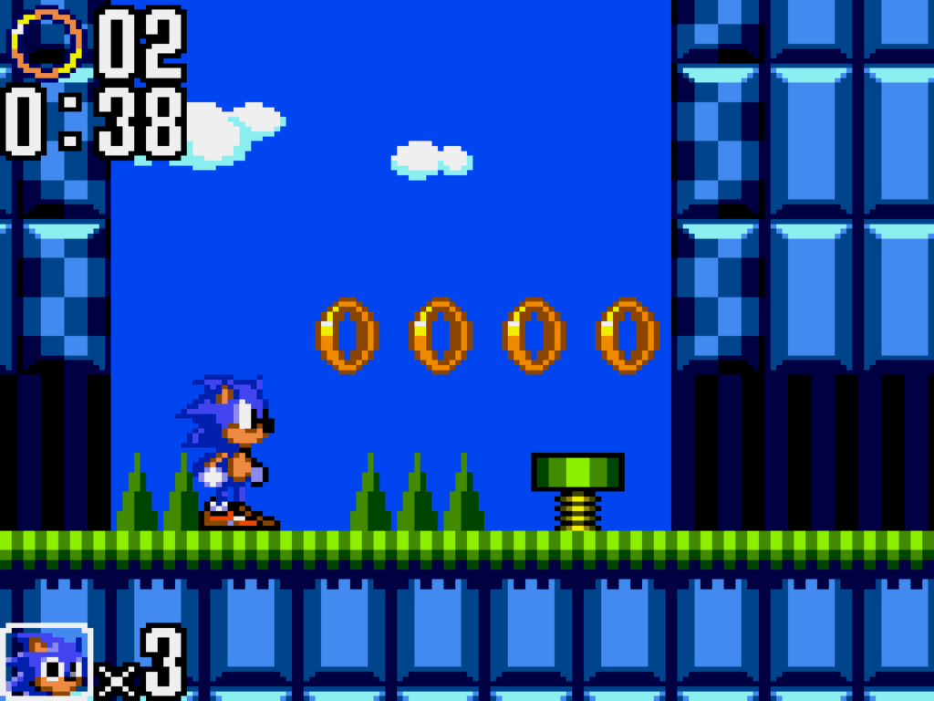 Sonic standing near four rings in an outdoor stage.