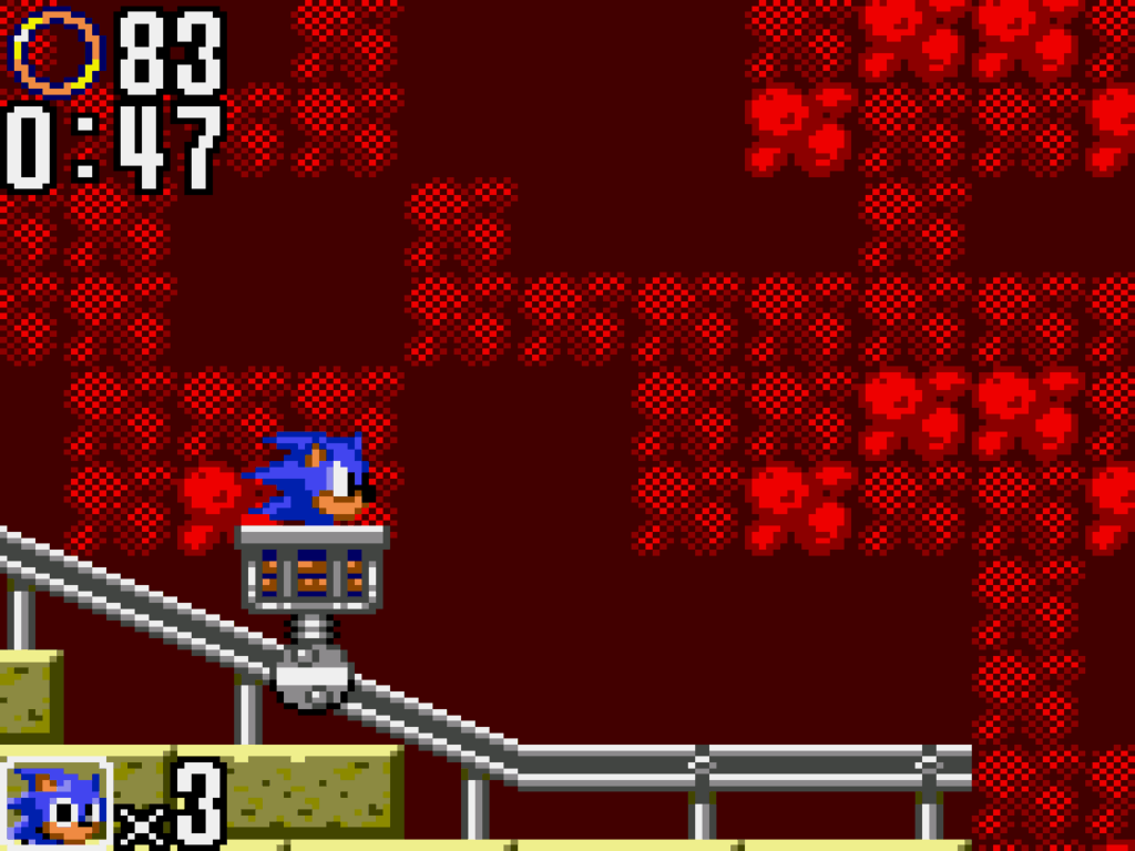 Sonic rides in a minecart in a cave based zone.