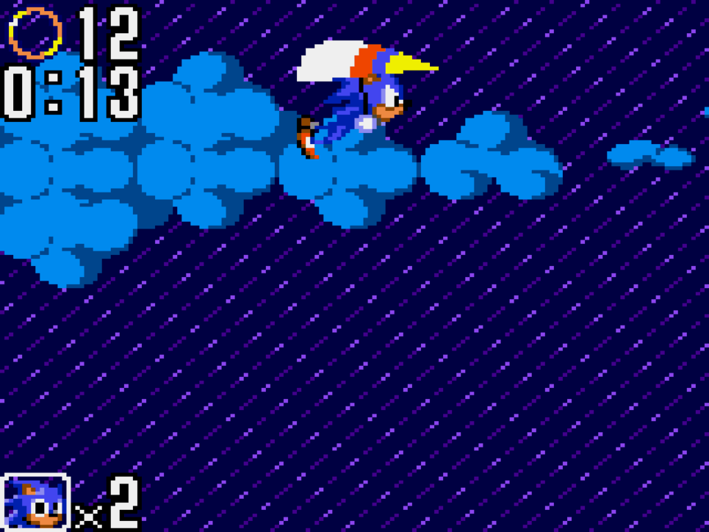 Sonic uses a hang glider in the rain with clouds in the background.