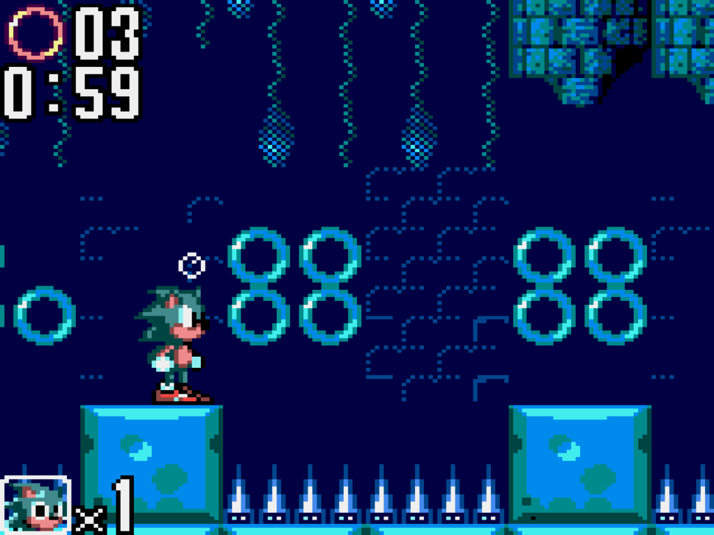 An underwater area with spikes and rings.