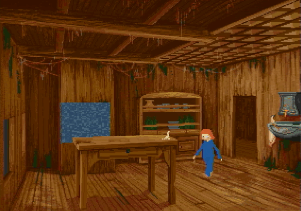 The little girl Grace Saunders wanders around a cabin onboard a pirate ship.