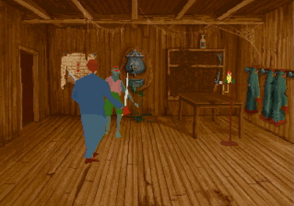 Carnby fights off an enemy using a sword.