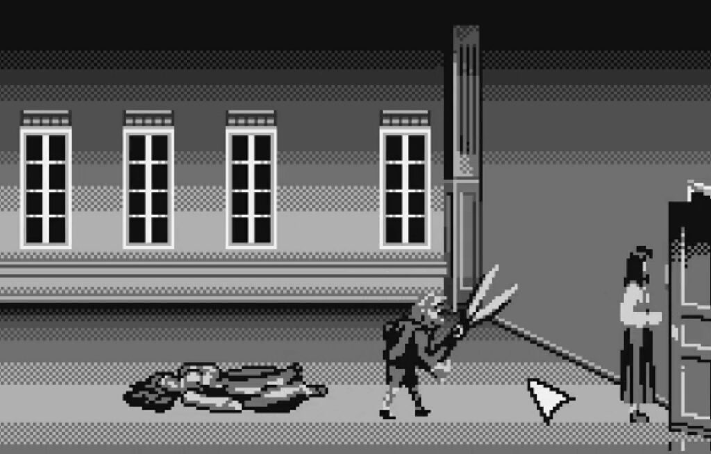 A man with scissors chases a girl through the halls of a large house.