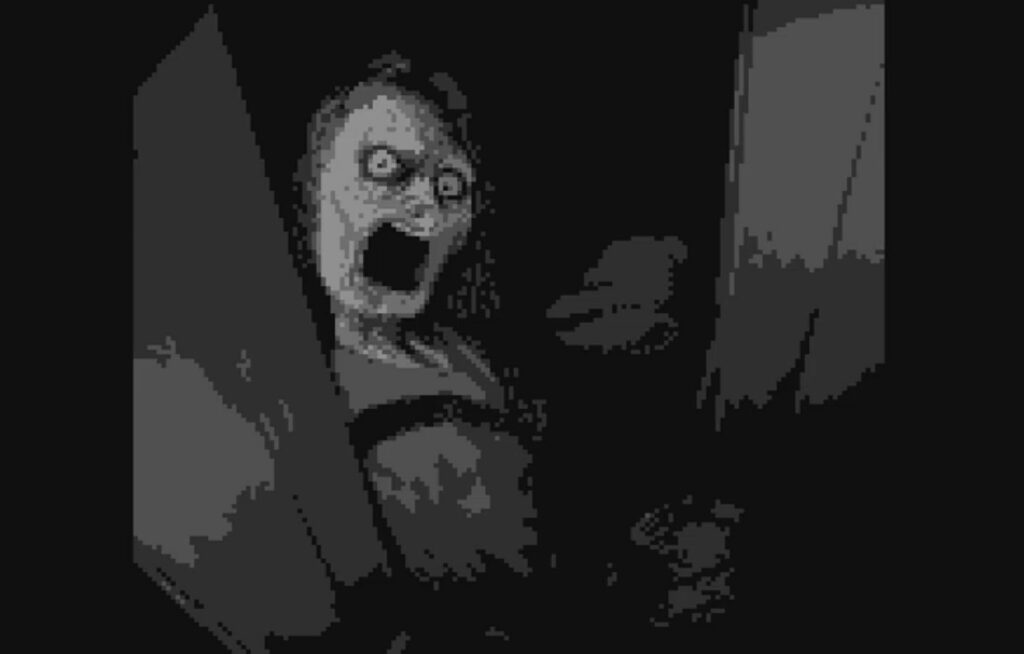 A body in a closet glares back at the player.