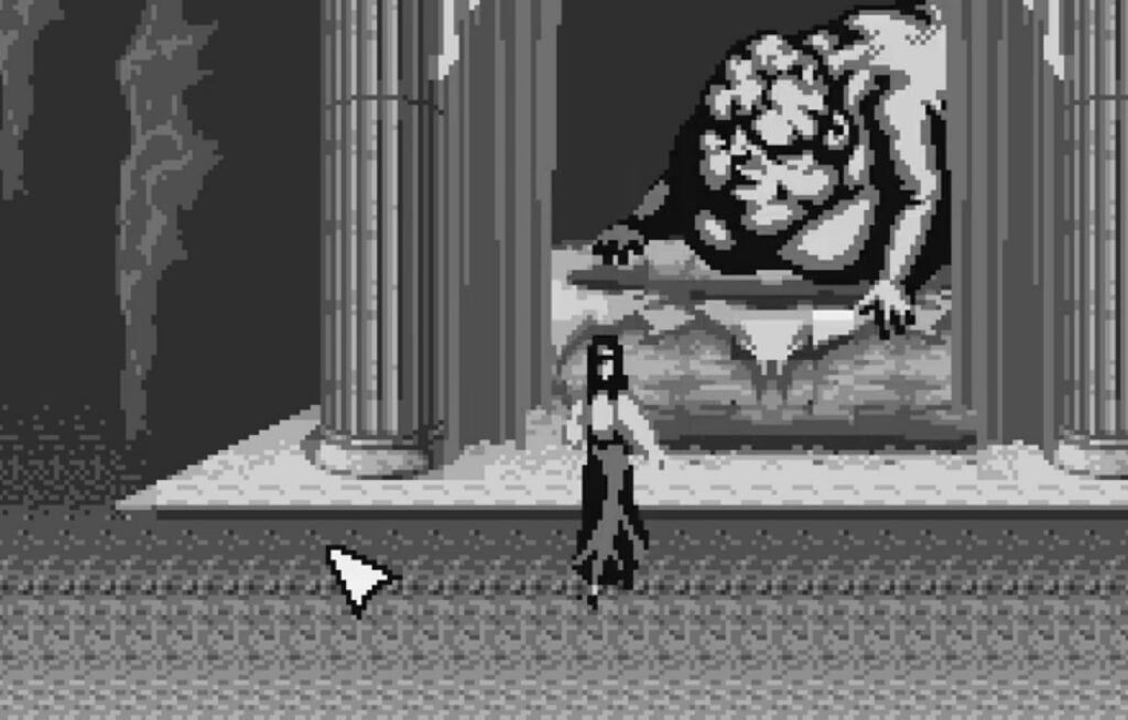 A girl runs away from a large deformed man laying in a bed behind a curtain.