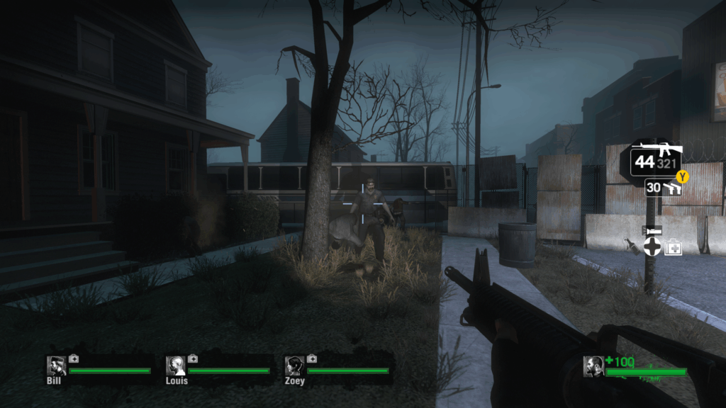 A zombie approaches the player during evening in a neighborhood setting.