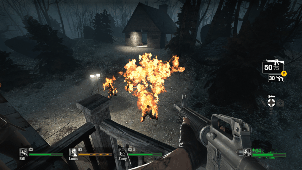Zombies run around on fire after a molotov cocktail burns the ground.