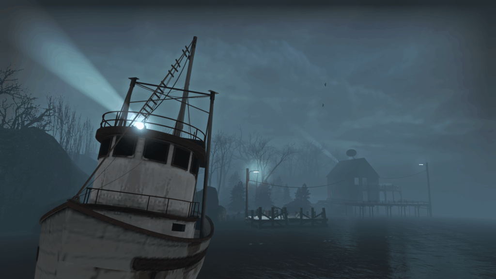 A boat floats away as zombies run around on the dock.